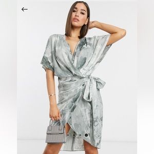 ASOS DESIGN Satin Kimono Wrap Mini Dress in Abstract Print